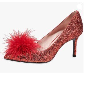 FOWT Red Pointed Toe Slip on Pumps Fur Ball Mid Heels Dance Party Wedding Shoes